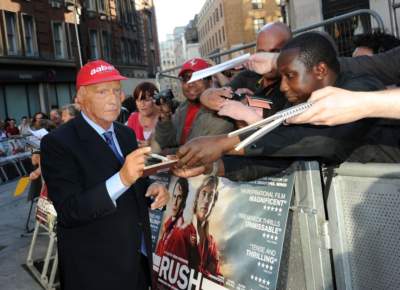 Lauda attends the world premiere of "Rush" at London's Leicester Square. "I was happy to stay alive," he says of the crash at the Nurburgring. "Normally you get killed in this kind of accident. Then it was clear that the challenge now is to see can you ever comeback ... So I fought my way back five weeks later in Monza. I only had Hunt as a target and make sure he will not win the championship."