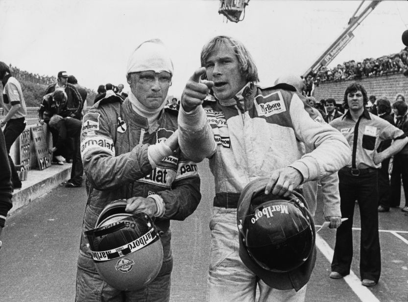 Lauda (left) and Hunt seen here during their heyday in the 1970s. Their battle during the 1976 season is one of motorsport's most compelling dramas and has now been dramatized in "Rush" -- which was released this September.   