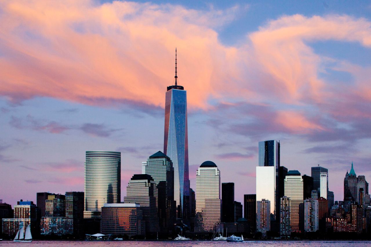 One World Trade Center rises above the lower Manhattan skyline in New York.