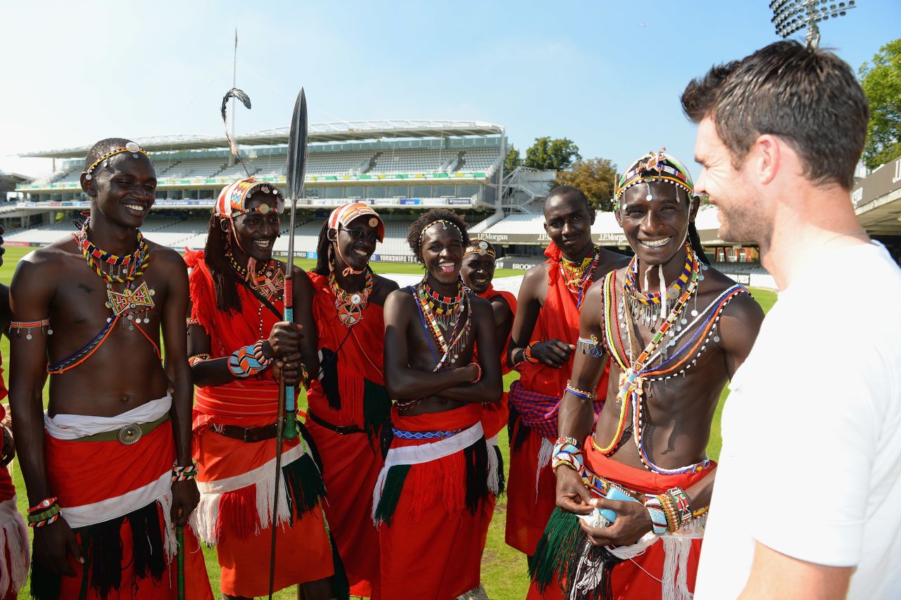 England cricket star James Anderson meets the Maasai Cricket Warriors team during the Last Man Standing finals at Lords on September 4 in London.
