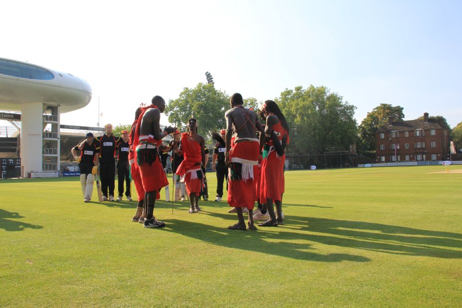 The Maasai Cricket Warriors perform a traditional dance at the Lord's Nursery Ground on September 4.