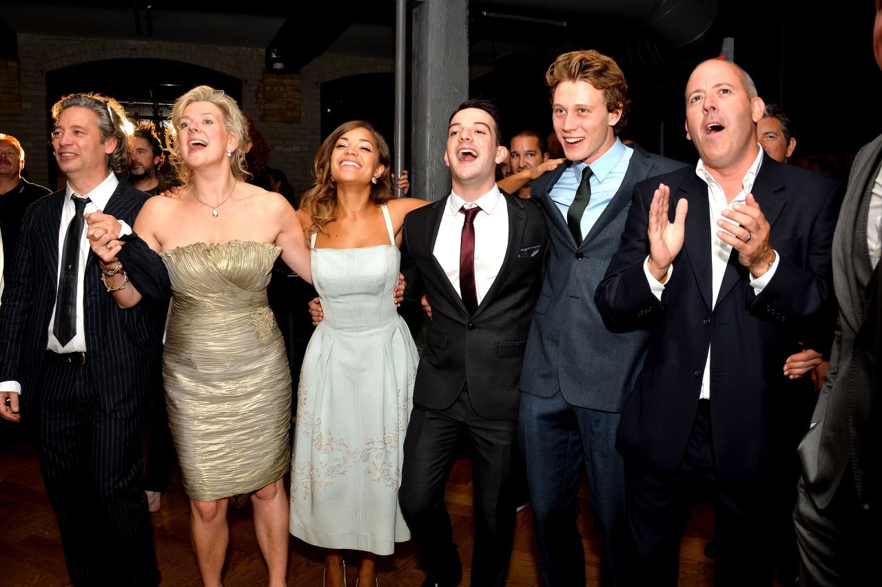 Director Dexter Fletcher, from left, producer Arabella Page Croft, actors Antonia Thomas, Kevin Guthrie and George MacKay and writer Stephen Greenhorn attend the premiere of their movie "Sunshine on Leith" on September 9.