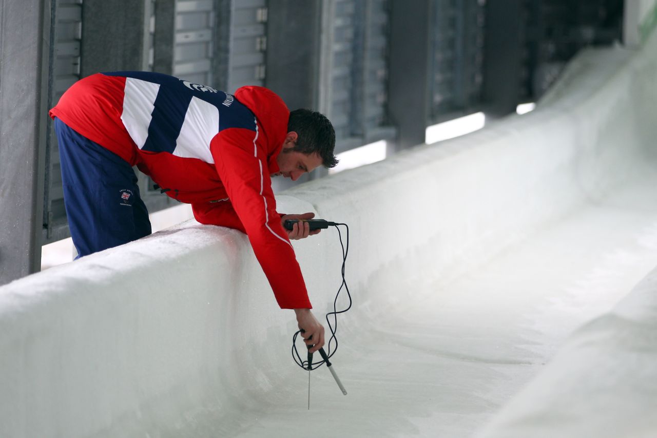 Bromley Technologies is very much a family affair with Bromley's brother Richard manufacturing the sled and offeringback-up support; here he tests the temperature of the ice.