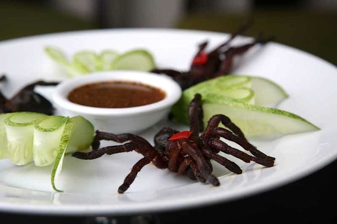 Though Phnom Penh's Romdeng restaurant is known for its fine Cambodian cuisine, there are some menu items not everyone can stomach -- like these fried tarantulas (a local delicacy) paired with pepper and lime sauce. 