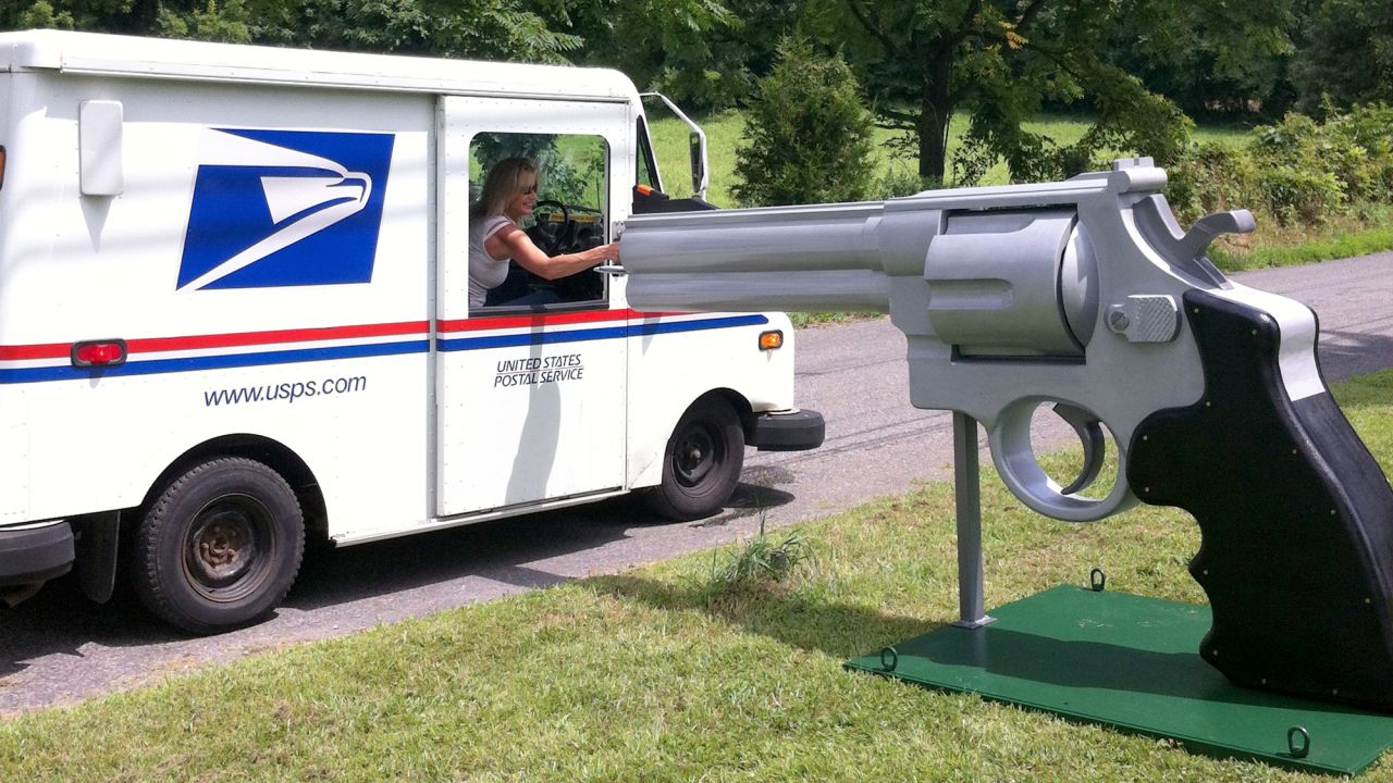 Roger Buchko spent months constructing this 10-foot-long, 5-foot-high exact replica of a Smith & Wesson Magnum .44 that doubles as his mailbox. The New Jersey man claims to be making no political statement with the enormous firearm replica and that he is only trying to drum up interest in his cabinet-making business.