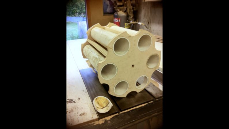 The beginnings of the mailbox's cylinder. Buchko says his model is exactly 11-1 scale.