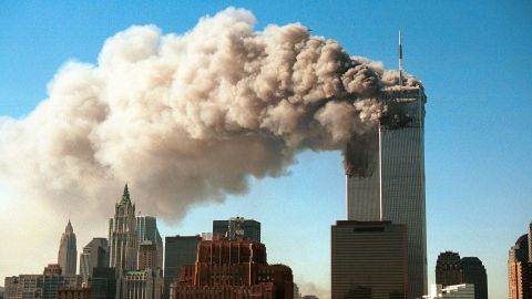 NEW YORK - SEPTEMBER 11, 2001:  (SEPTEMBER 11 RETROSPECTIVE) Smoke pours from the twin towers of the World Trade Center after they were hit by two hijacked airliners in a terrorist attack September 11, 2001, in New York. 