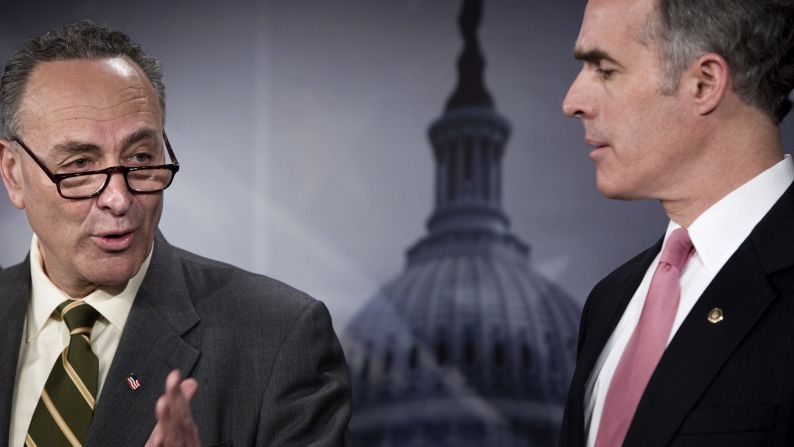 Sens. Chuck Schumer, left, of New York and Bob Casey of Pennsylvania are among the Democrats in the "Gang of Eight" working on a Syria compromise. Sens. Chris Coons of Delaware and Bob Menendez of New Jersey, who are not pictured, are the other two Democrats. Casey was an early hawk on Syria , while Schumer, who's known as a strong negotiator, was initially undecided before becoming a cautious yes on military action.