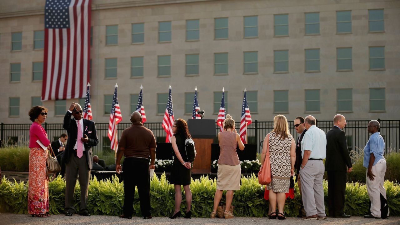 People gather in front of the Pentagon in Arlington, Virginia, before an observance ceremony on September 11.