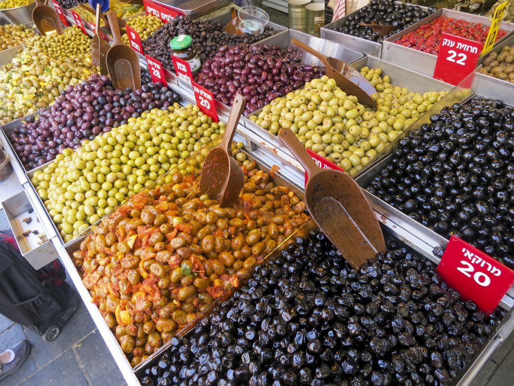 A selection of olives at the Mahane Yehuda market in Jerusalem.