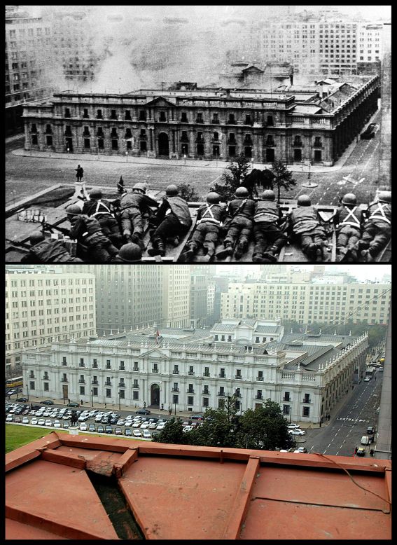 The top of this photo shows the Chilean Army troops firing on the La Moneda Palace in Santiago on September 11, 1973. Below is the same place almost 30 years later. 
