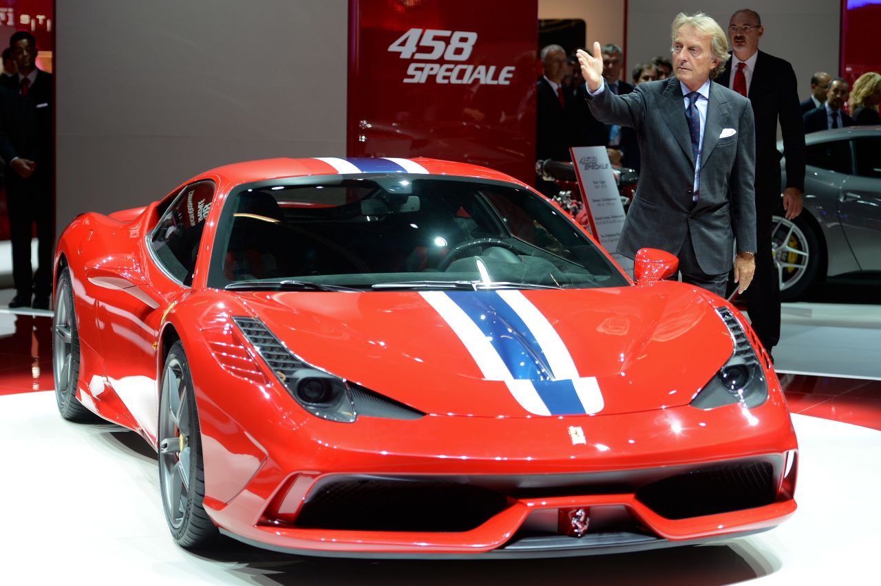 Ferrari president Luca Cordero di Montezemolo presents the new Ferrari 458 Speciale at the IAA International Automobile Exhibition on September 10, 2013 in Frankfurt, Germany.
