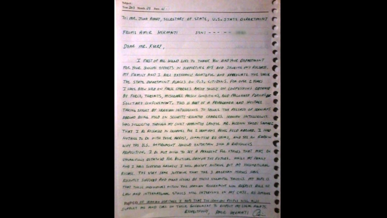 The letter Amir Mirza Hekmati wrote to Secretary Kerry.