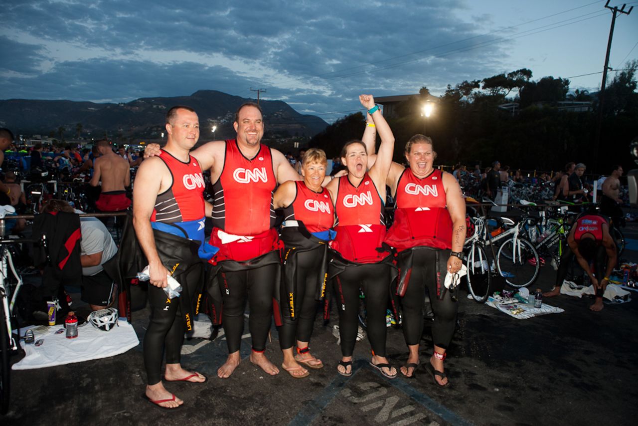 The CNN Fit Nation team got an early start at the Nautica Malibu Triathlon on September 8. It was the first triathlon for all five CNN readers who were selected to train for nine months with Dr. Sanjay Gupta. From left, Douglas Mogle, Stacy Mantooth, Rae Timme, Annette Miller and Tabitha McMahon. 