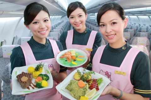 Flight attendants aboard EVA Air's Magic Stars Hello Kitty jet.