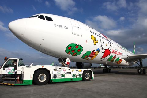 This is EVA Air's Magic Stars Hello Kitty jet, which flies from Taipei to various Asian hubs including Hong Kong and Japan. 