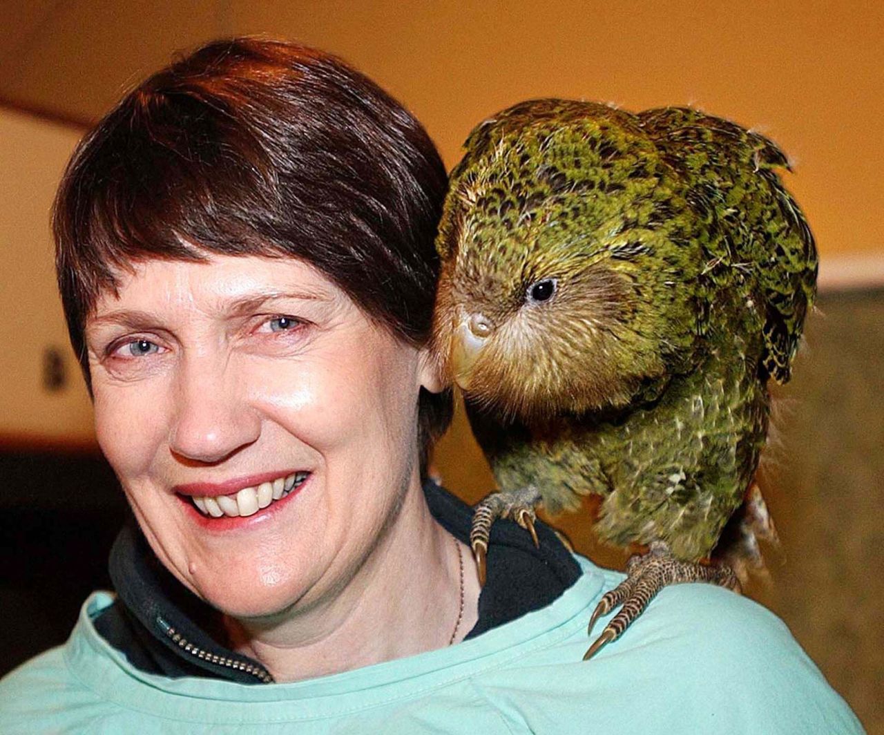 On the right you'll notice a somewhat ugly bird named the kakapo, a critically endangered parrot. It's the only flightless parrot in the world and has very muscular thighs, according to the British Science Association. On the left is former New Zealand Prime Minister Helen Clark.  