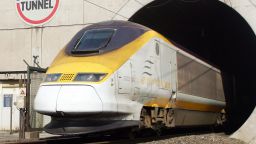 A Eurostar train exits the Channel Tunnel.