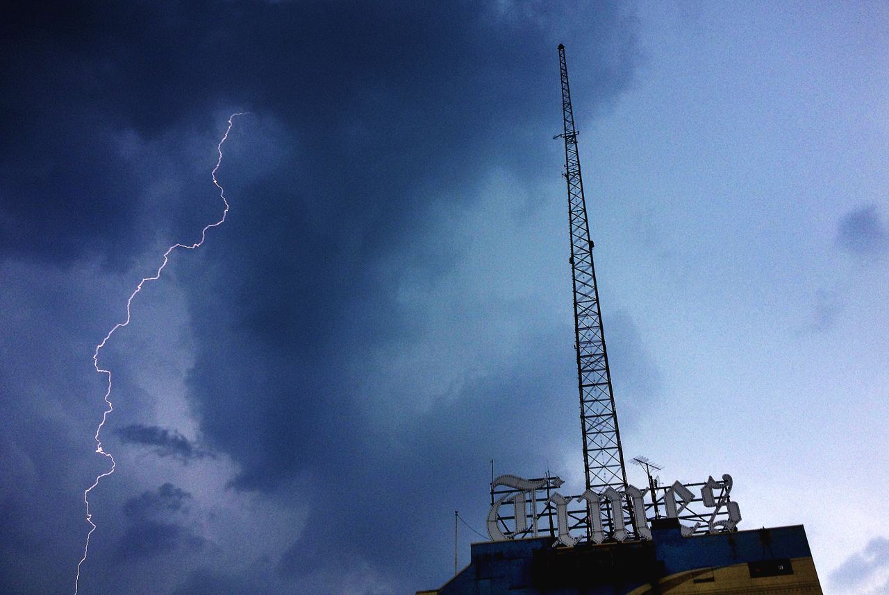 A lightning bolt strikes near The Scranton Times-Tribune building on September 11 in Scranton, Pennsylvania. The National Weather Service said the storm was capable of producing quarter-size hail and winds in excess of 60 mph. 