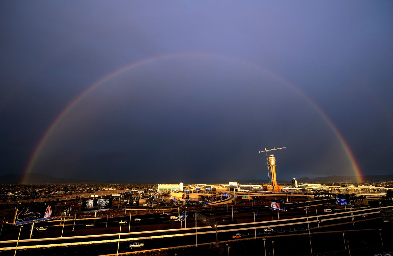 A rainbow appears over an air traffic control tower under construction at McCarran International Airport in Las Vegas on September 9. A thunderstorm swept across the area causing power outages and flooding. Flights at McCarran were grounded for about an hour because fueling operations were halted due to lightning.