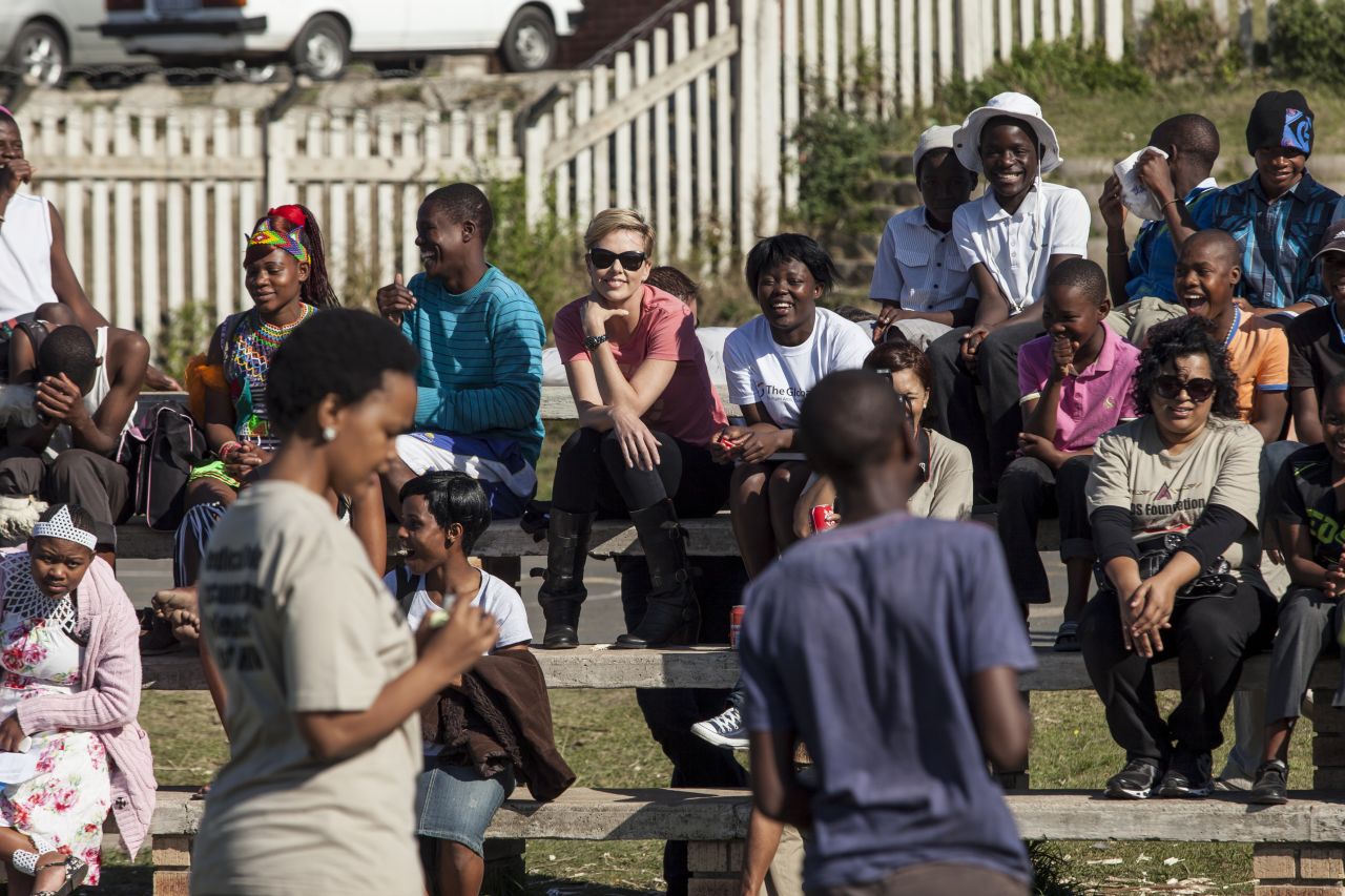 On a recent visit to KwaZulu Natal, South Africa,Theron spoke to young people about HIV. Around 1.6 million people in the province are HIV positive, with 25% of 15- to 24-year-olds carrying the virus.