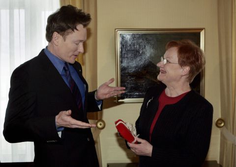 Conan got a huge following in Finland when it turned out he resembled the country's female president, Tarja Halonen. After several weeks of joking about this, Conan went to Finland in 2006 and did an entire show from there, meeting the president.