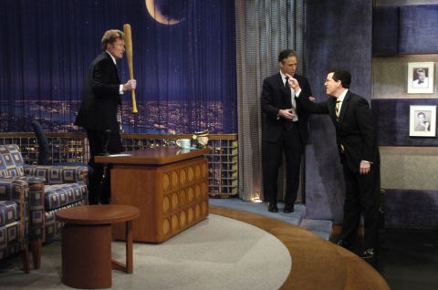 During the writers strike in 2008, it turned hilariously ugly between Conan, Jon Stewart and Stephen Colbert. The three were fighting about who "made" Mike Huckabee, with each claiming credit for his success. The drama dissolved into <a href="http://www.funnyordie.com/videos/760a325146/conan-vs-colbert-vs-stewart-from-conanfan" target="_blank" target="_blank">an across-show brawl as the three went face-to-face during late night.</a>