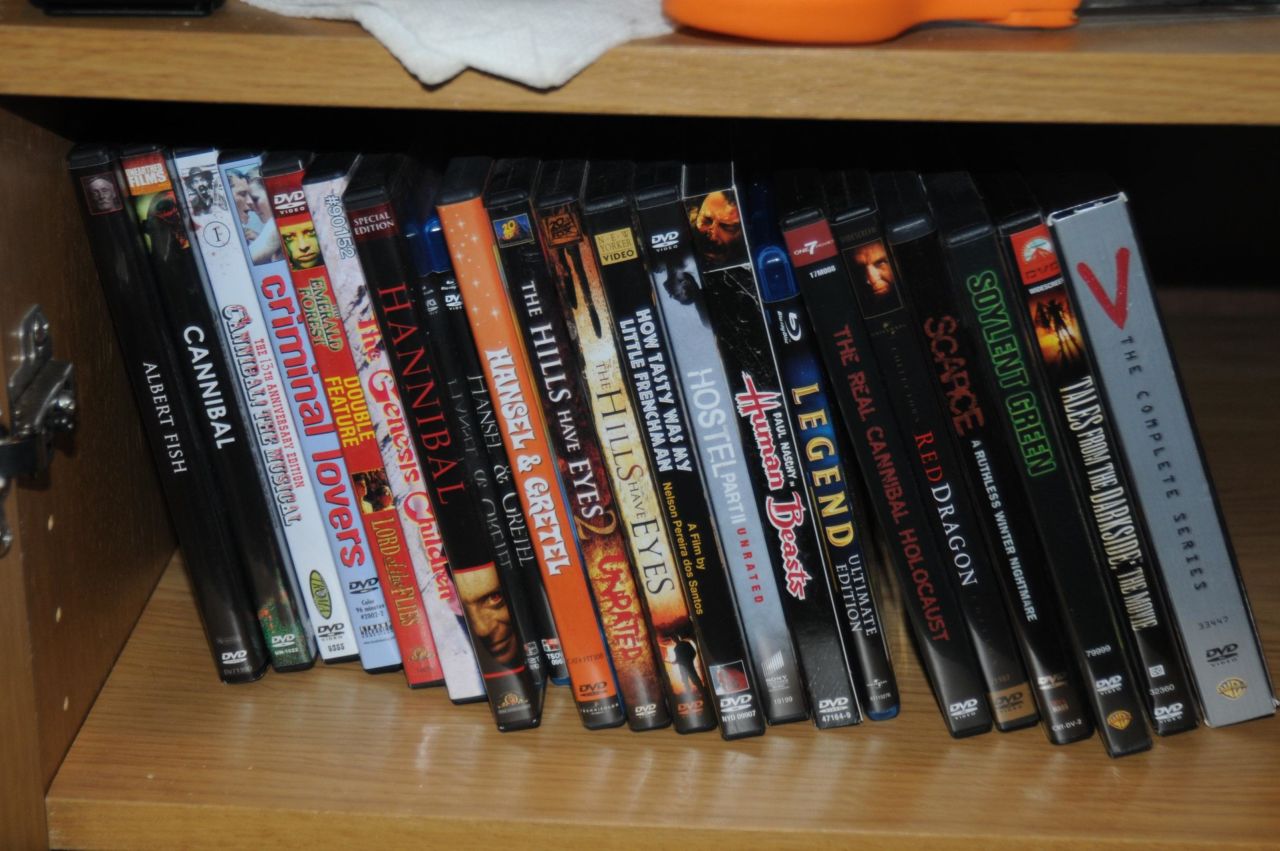 Several DVDs focusing on cannibalism were found on his shelves.