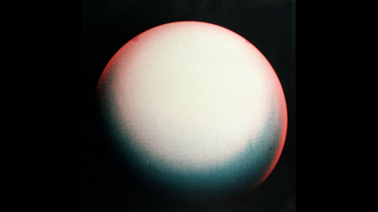 A false color view of Uranus made from images taken by Voyager 2.
