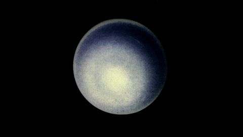A computer enhancement of a Voyager 2 image emphasizes the high-level haze in Uranus' upper atmosphere. Clouds are obscured by the overlying atmosphere.  
