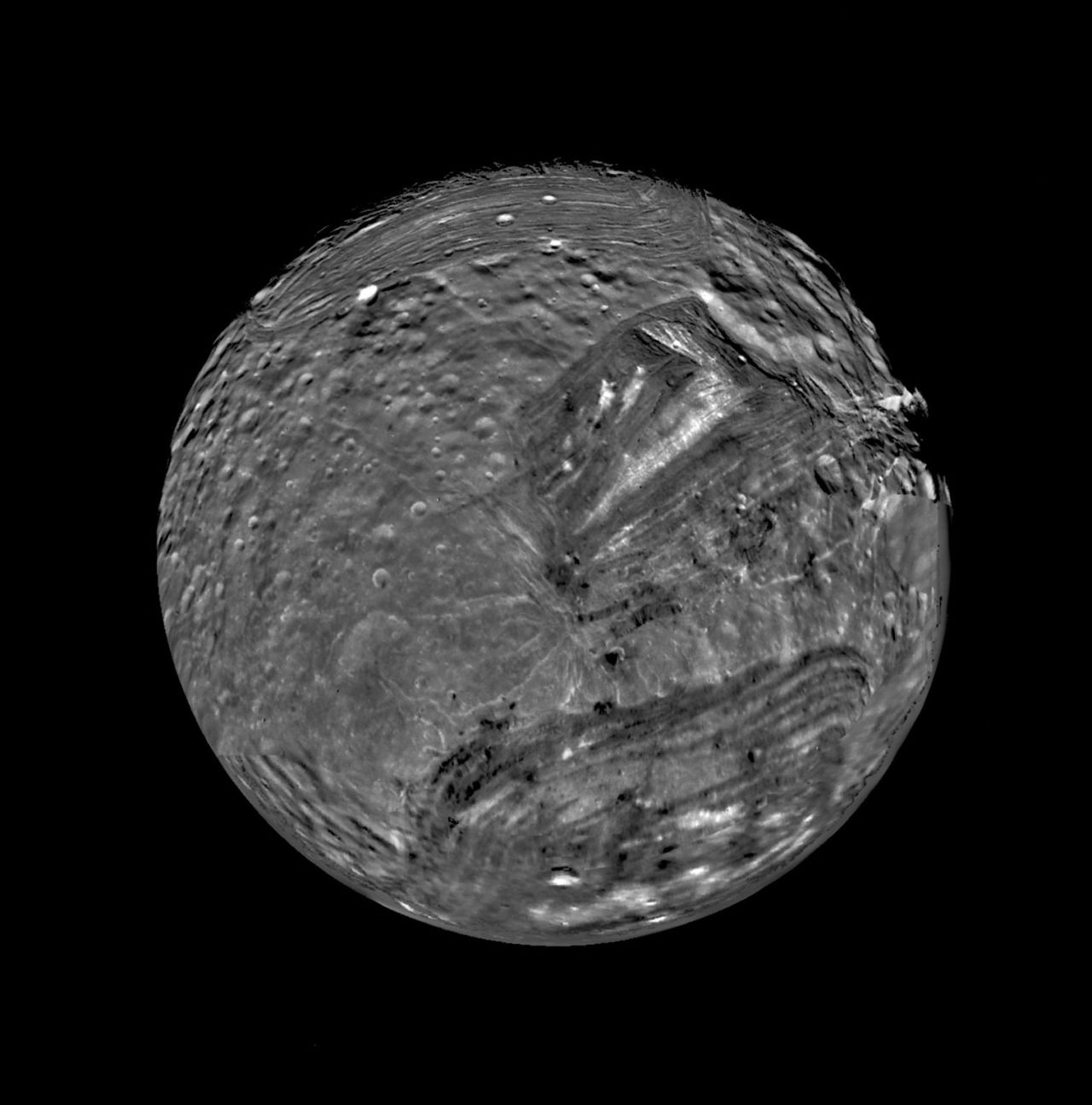 Miranda is the the eleventh known satellite of Uranus.  The moon was essential in the Voyager mission in that it provided a gravity assist to propel the craft on toward Neptune. 
