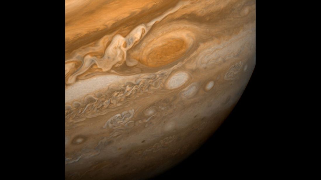 A dramatic view of Jupiter's Great Red Spot and its surroundings was obtained by Voyager 1 on February 25, 1979