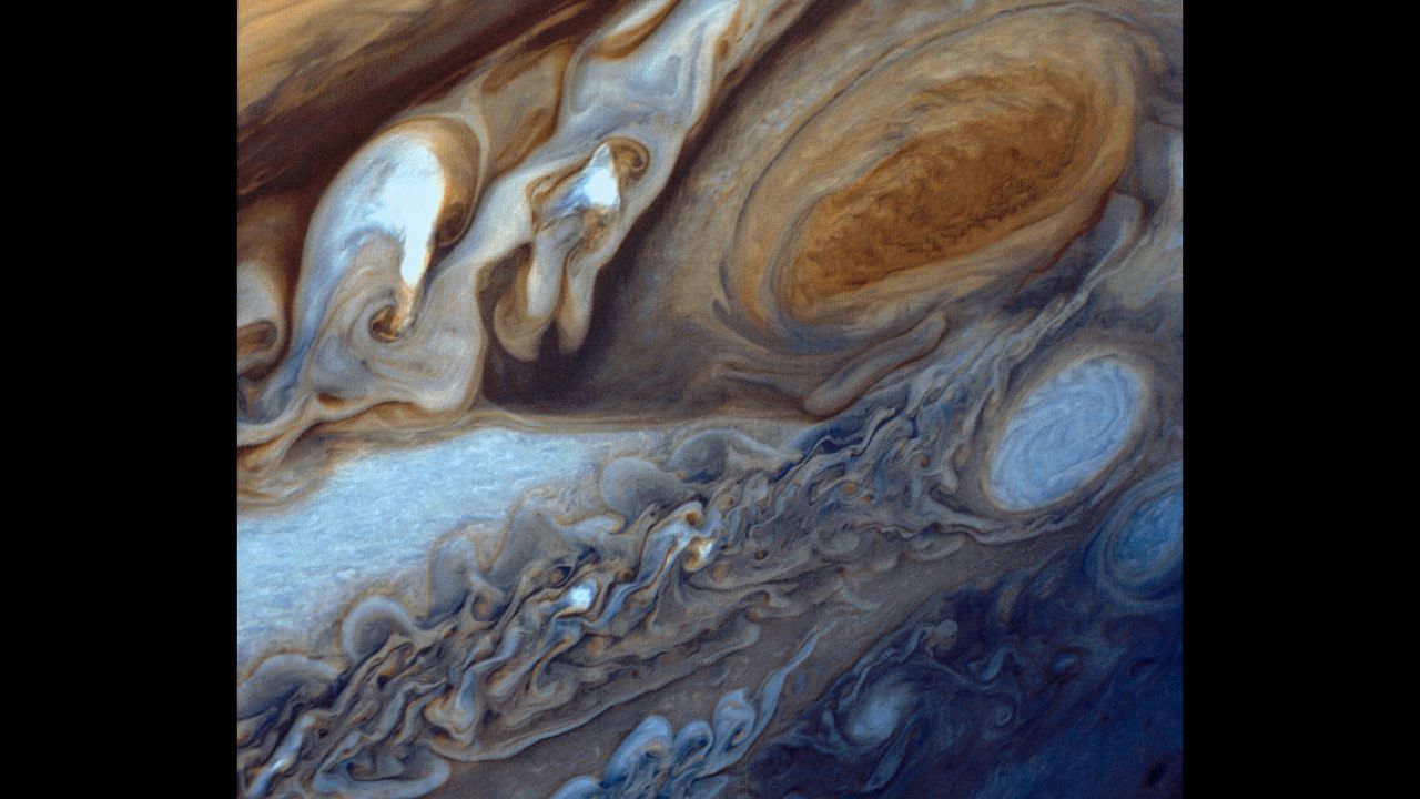 This image of Jupiter  was assembled from three black and white negatives from different color filters and recombined to produce the color image. 