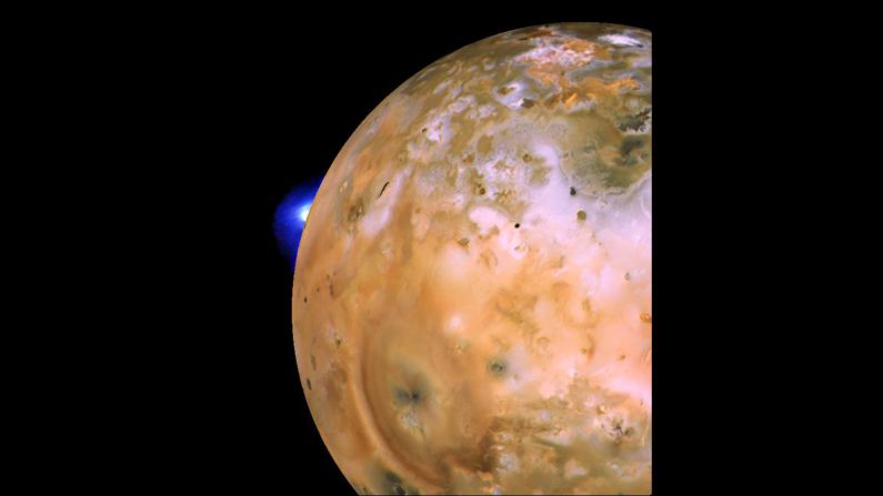 Another image of "Io" shows an active plume of a volcano dubbed "Loki."