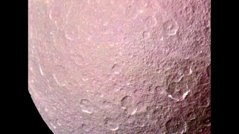 This image of Rhea, the largest airless satellite of Saturn, was acquired by the Voyager 1 spacecraft on November 11, 1980. 