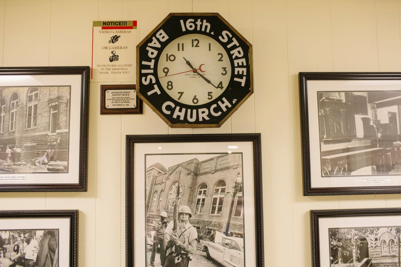 The clock that once hung in the church's sanctuary stopped at 10:22 a.m. when the bomb planted by Ku Klux Klansmen exploded 50 years ago. It is on display in the church basement, along with photographs illustrating the tensions of the era. 