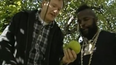 In October 2000, Conan took Mr. T apple-picking, and the resulting segment was an instant classic. It was only nearly bested by the time Mr. T showed up during the "Late Night" 10th anniversary show and handed Conan a golden "7" for being funny 7 out of 10 years. 