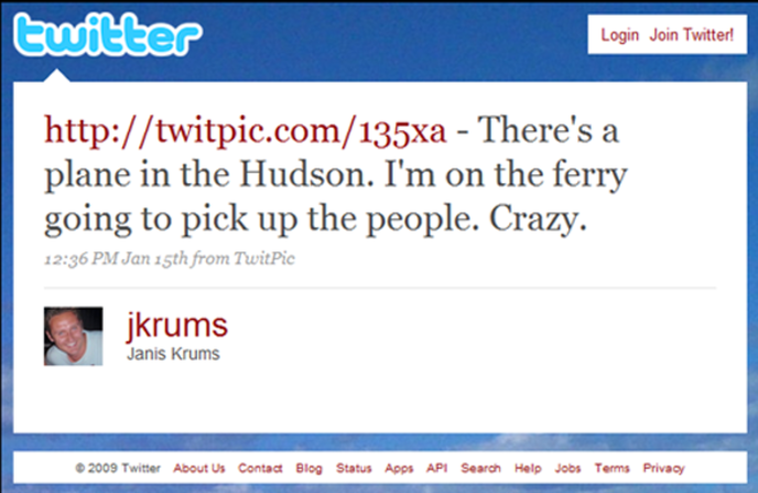 Dorsey calls January 15, 2009, the day Capt. Chesley B. "Sully" Sullenberger landed a failing U.S. Airways airliner on the Hudson River, a major turning point for Twitter.  "It just changed everything," he said. "Suddenly the world turned its attention (to us), because we (Twitter users) were the source of news." 