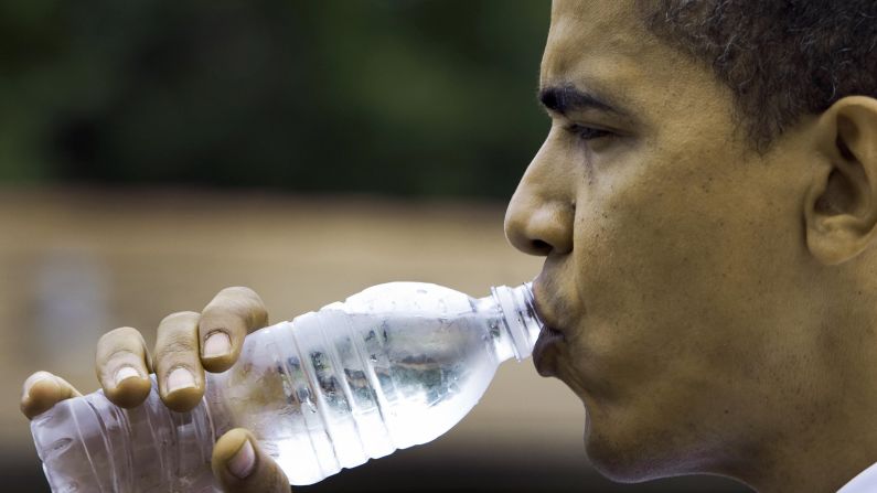 Obama drinks water in New Orleans on August 26, 2007, as he visits victims of Hurricanes Katrina and Rita, just before the second anniversary of the hurricanes. 