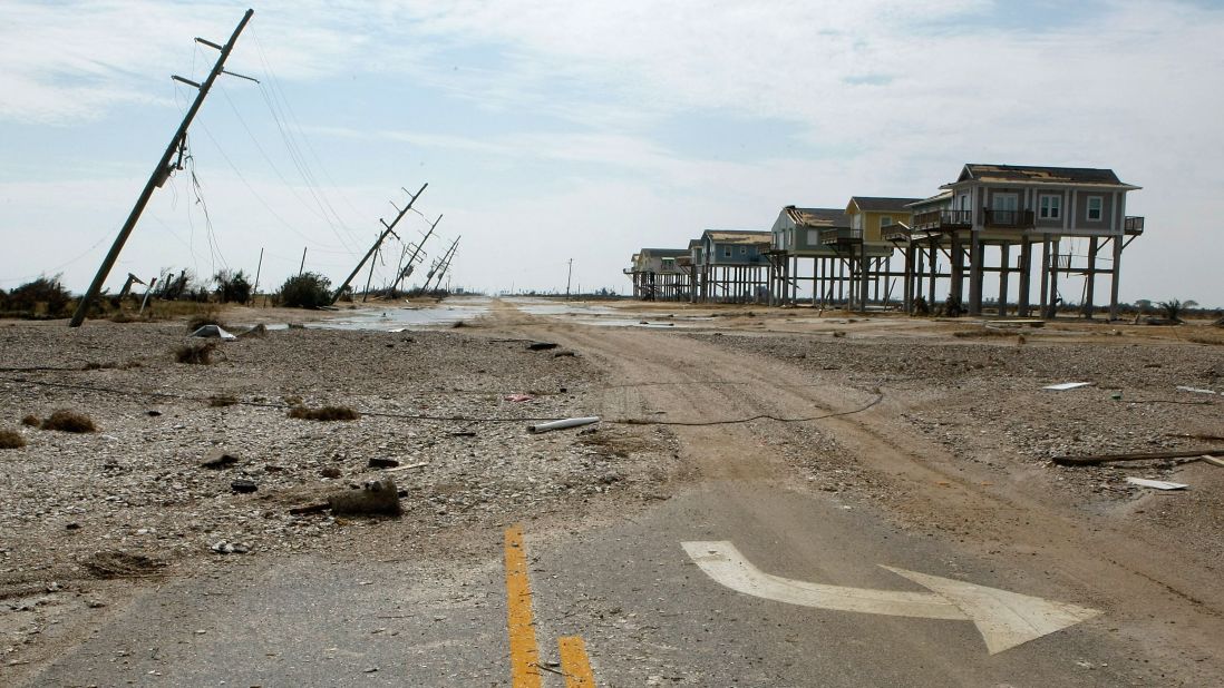 On September 13, 2008, Ike hit Galveston Island, Texas, as a Category 2 hurricane with maximum sustained winds of 110 mph. Little was left standing where this photo was taken in Gilchrist, Texas. Ike was blamed for scores of deaths in the Caribbean and in the United States. Property damage was estimated at $19.3 billion.
