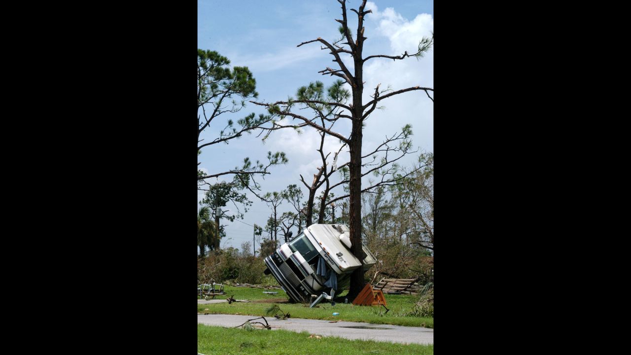 August 13, 2004, Hurricane Charley pushed ashore near Captiva Island, Florida, as a Category 4 storm with maximum winds near 150 mph. It devastated Port Charlotte and Punta Gorda, where a recreational vehicle was found resting against a tree. Charley then moved into the Carolinas to do more damage there. Overall, at least 15 people were killed. Estimated damage: $15 billion.