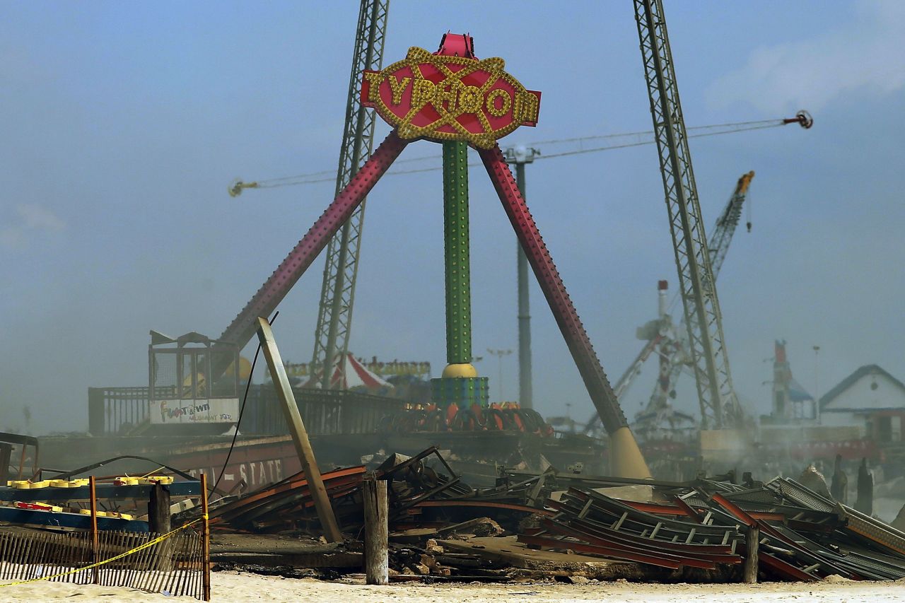 A amusement ride still stands above the destroyed remains on September 13.