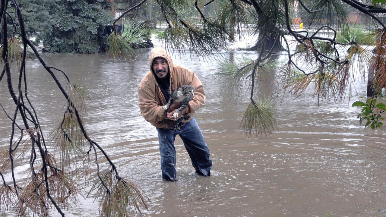 Johnny C. Montoya helps rescue a cat from an area flooded by the Gallinas River in Las Vegas, New Mexico. 
