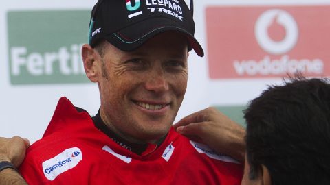 Chris Horner dons the race leader's red jersey on his way to winning the Tour of Spain cycling race.