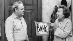 American actors Jean Stapleton and Carroll O'Connor (1924 - 2001), as married couple Edith and Archie Bunker, in a scene from an unidentified episode of the television series 'All in the Family,' Los Angeles, California, 1979. (Photo by CBS Photo Archive/Getty Images)