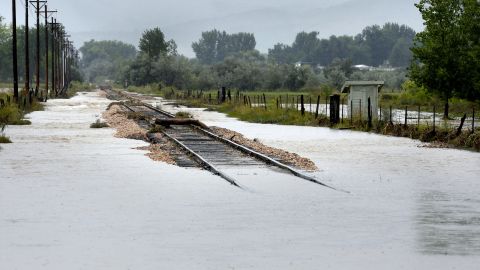 Railroad tracks are washed out in Longmont, Colorado, on September 15.