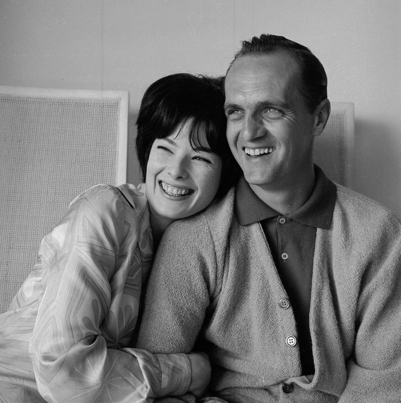 Newhart and his wife Ginny laugh together at their home in Westwood, Los Angeles, California, in 1964.