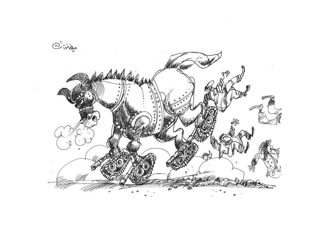 This image, depicting a Trojan horse on tanks, was one of the drawings Ferzat made after his hands healed.