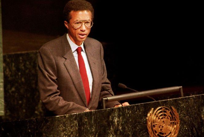 Ashe retired from tennis in 1980, a year after undergoing heart surgery.  In 1983 he underwent more heart surgery, before five years later he was diagnosed as being HIV positive. Here a gaunt Ashe is pictured addressing the World Health Organization on World Aids Day in December 1992, three months before his death.