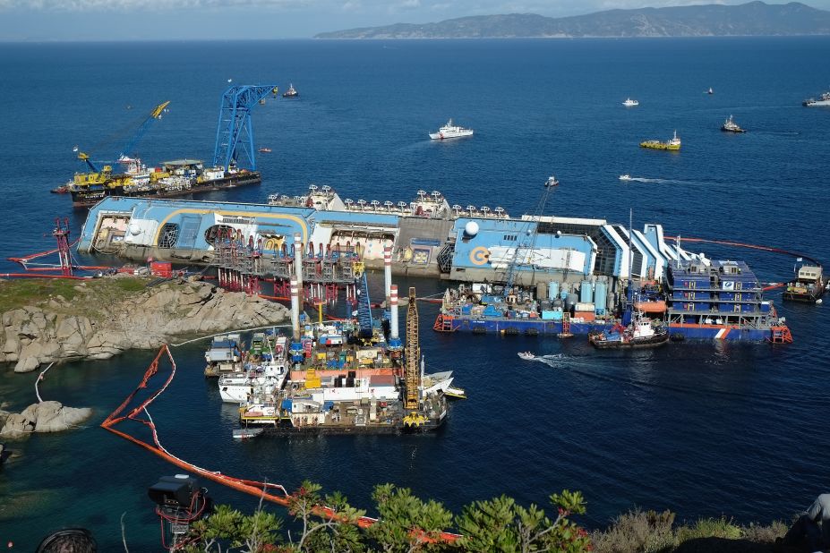 The project to upright the Costa Concordia continues on September 16. The nearly $800 million effort reportedly is the largest maritime salvage operation ever.